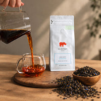 Ethiopia Girma Tamiru coffee bag with brewed coffee