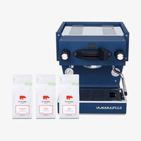 La Marzocco Linea Mini R in Blue with free Kiss the Hippo specialty espresso — hero