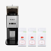 Lelit Steve Coffee Grinder in Polished Stainless Steel with Kiss the Hippo specialty espresso coffee gift