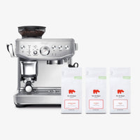 Sage Barista Express Impress Espresso Machine in Brushed Stainless Steel with Kiss the Hippo specialty espresso coffee gift