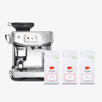Sage Barista Touch Impress Espresso Machine in Brushed Stainless Steel with Kiss the Hippo specialty espresso coffee gift