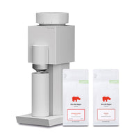 Timemore Bricks 01S Electric Coffee Grinder in White with Kiss the Hippo specialty espresso coffee gift