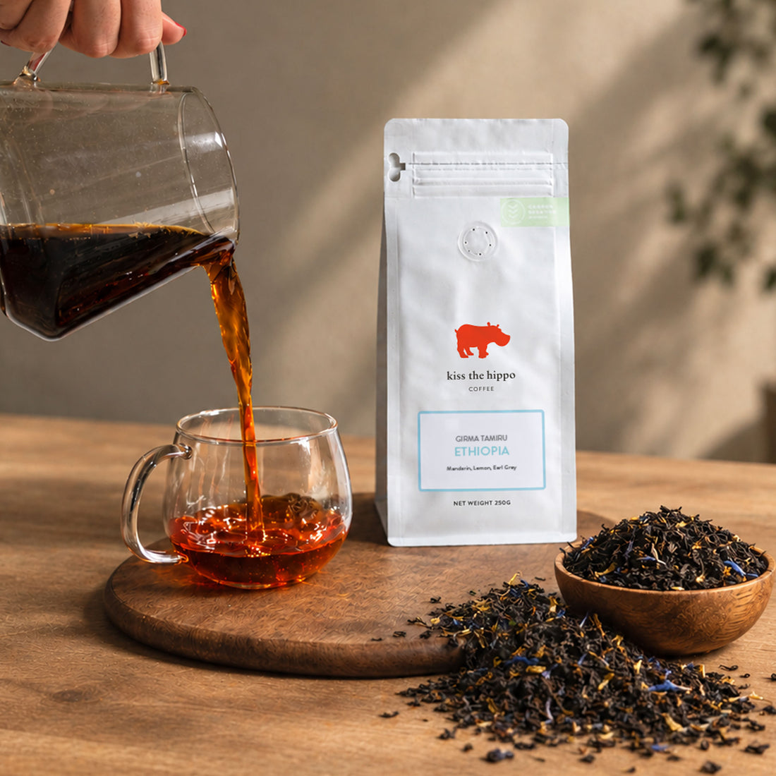 Ethiopia Girma Tamiru coffee bag with brewed coffee