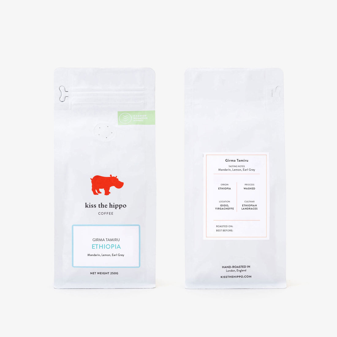 Front and back of the Ethiopia Girma Tamiru 250g coffee bag