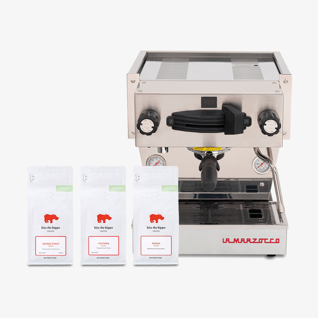 La Marzocco Linea Mini R in Brushed Stainless with free Kiss the Hippo specialty espresso — hero