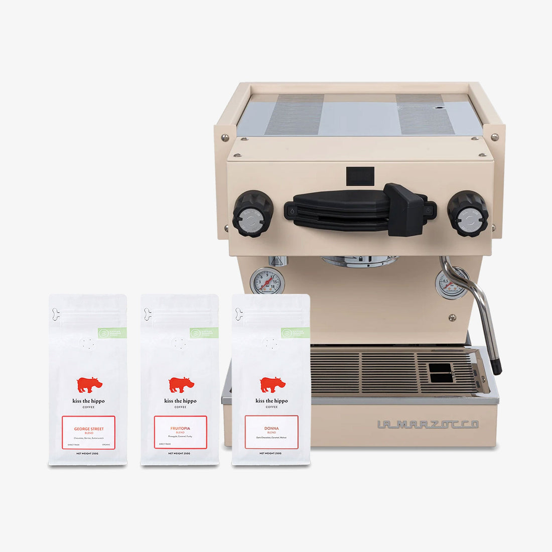 La Marzocco Linea Mini R in Cream with free Kiss the Hippo specialty espresso — hero