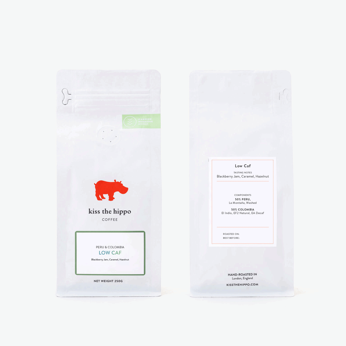 Front and back of a Kiss the Hippo Low Caf 250g coffee bag