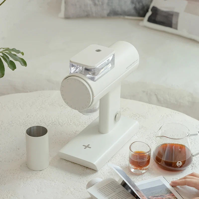 Timemore Sculptor coffee grinder in white, lifestyle in a modern living room
