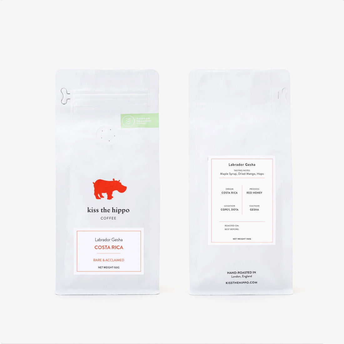Front and back of 250g bag of Costa Rica, Labrador Gesha Red Honey coffee