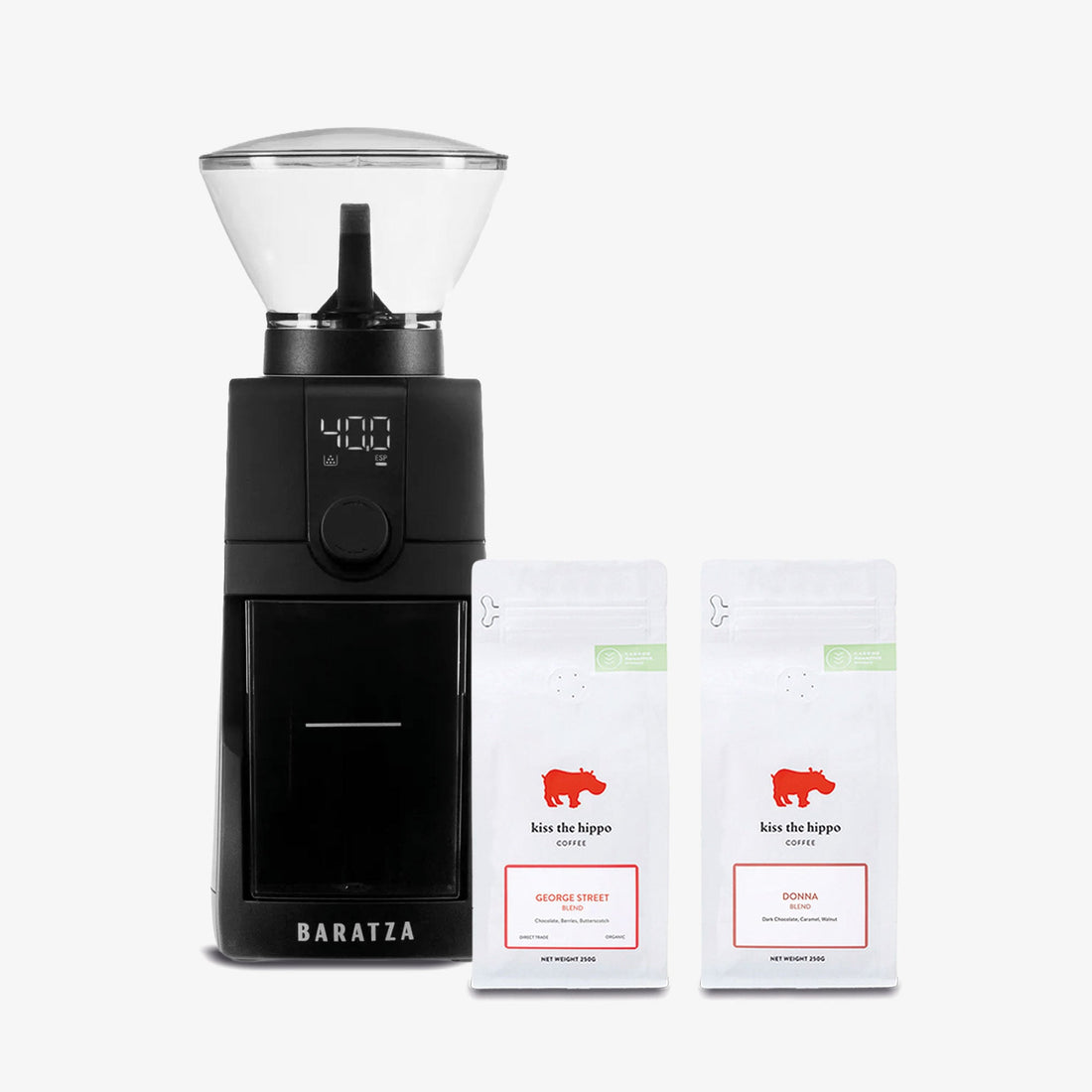 Baratza Encore ESP Pro Coffee Grinder in Black with Kiss the Hippo specialty espresso coffee gift