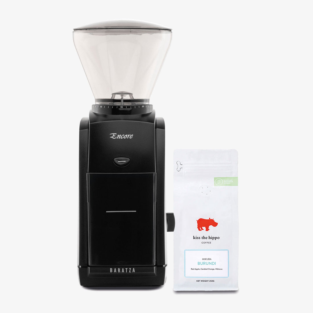 Baratza Encore Coffee Grinder in Black with Kiss the Hippo specialty filter coffee gift