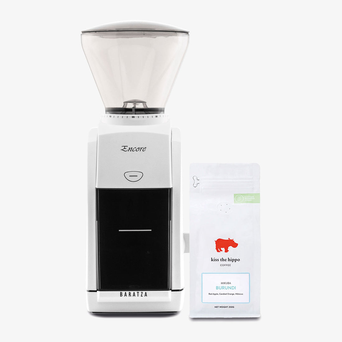 Baratza Encore Coffee Grinder in White with Kiss the Hippo specialty filter coffee gift