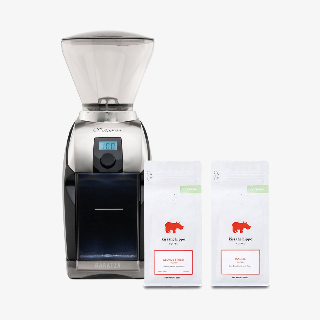 Baratza Virtuoso+ Coffee Grinder in Black with Kiss the Hippo specialty single-origin coffee gift