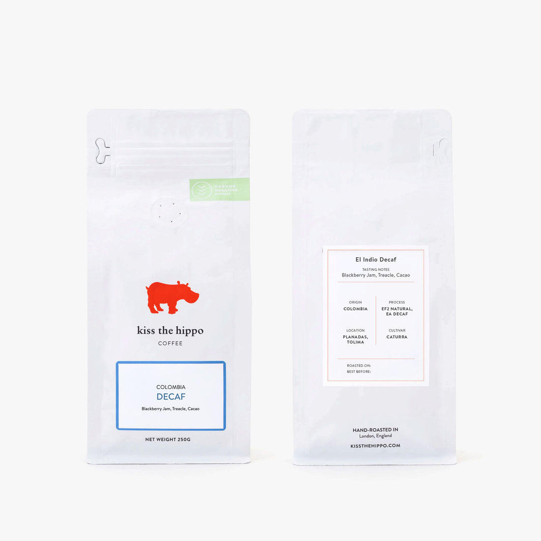 Front and back of the Colombia El Indio Decaf 250g coffee bag