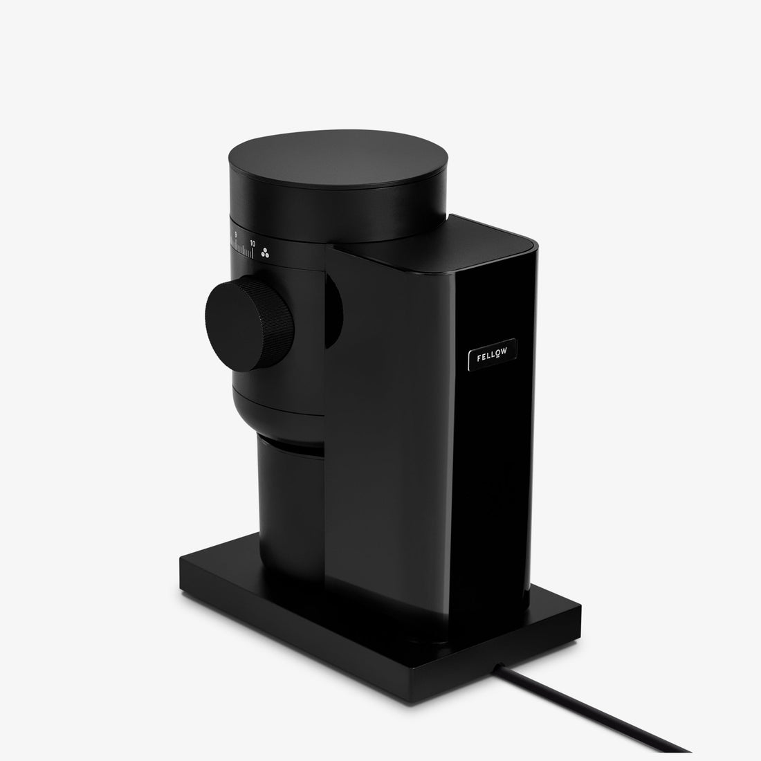 Fellow Opus 2 conical burr grinder in matte black, three-quarter view showing the grind dial