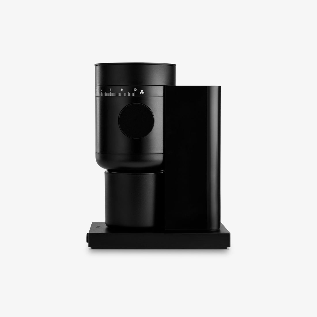 Side profile of the Fellow Opus 2 conical burr grinder in matte black