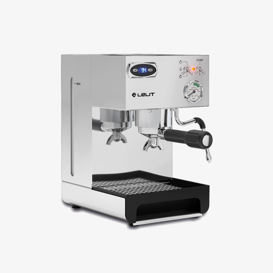 Lelit Anna Espresso Machine - side profile in Polished Stainless Steel showing 57mm group head and manometer