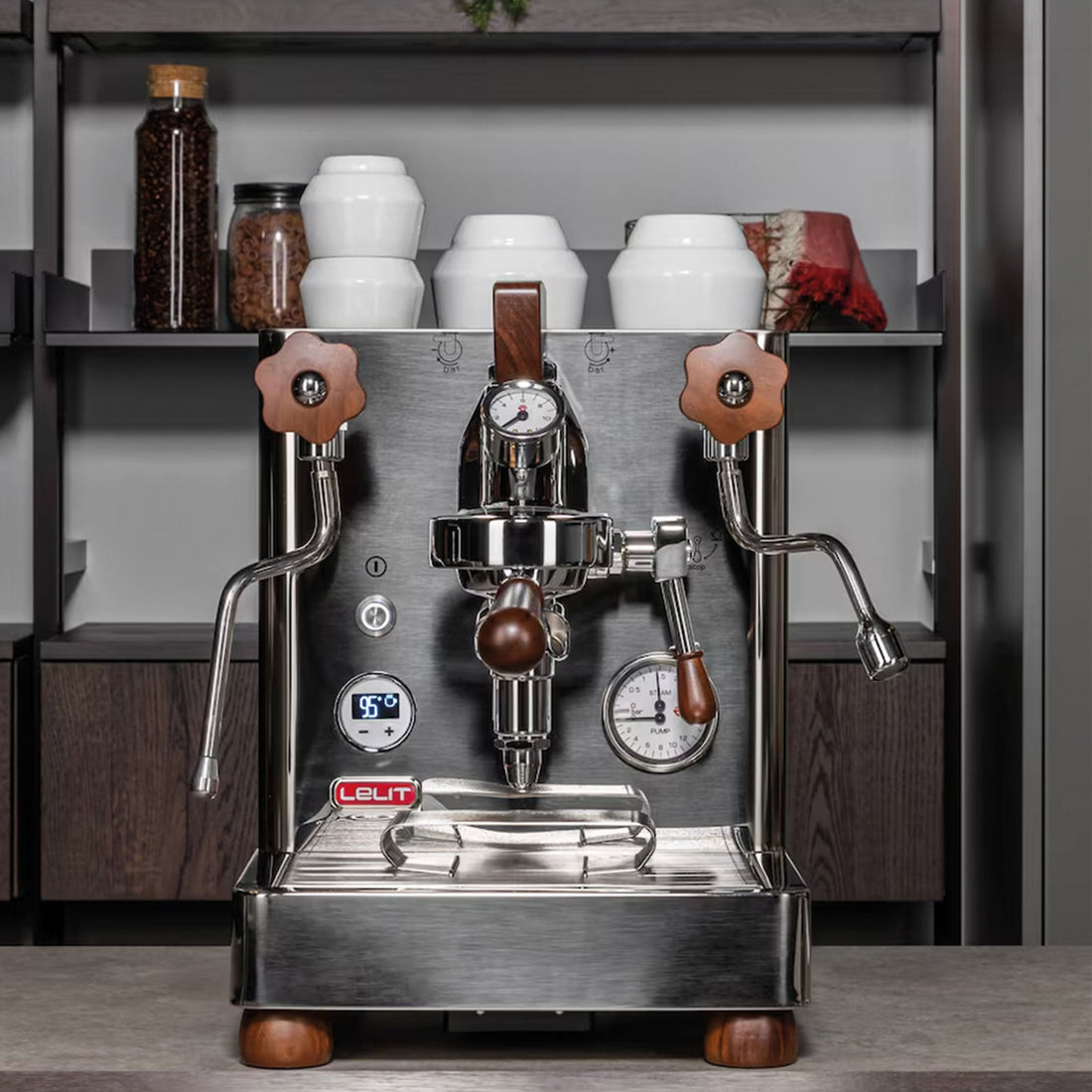 Lelit Bianca 40 Years Limited Edition Espresso Machine - Zebrano wood handles and paddle group head detail