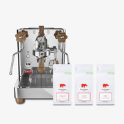 Lelit Bianca 40 Years Limited Edition Espresso Machine in Stainless Steel with Zebrano wood accents and Kiss the Hippo specialty espresso coffee gift