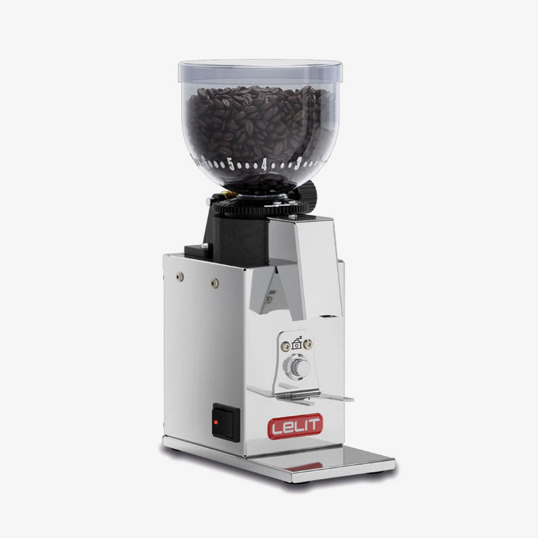 Lelit Fred Prima Coffee Grinder - side profile in Polished Stainless Steel