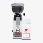 Lelit Fred Prima Coffee Grinder in Polished Stainless Steel with Kiss the Hippo specialty espresso coffee gift