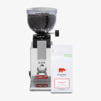 Lelit Fred Prima Coffee Grinder in Polished Stainless Steel with Kiss the Hippo specialty espresso coffee gift