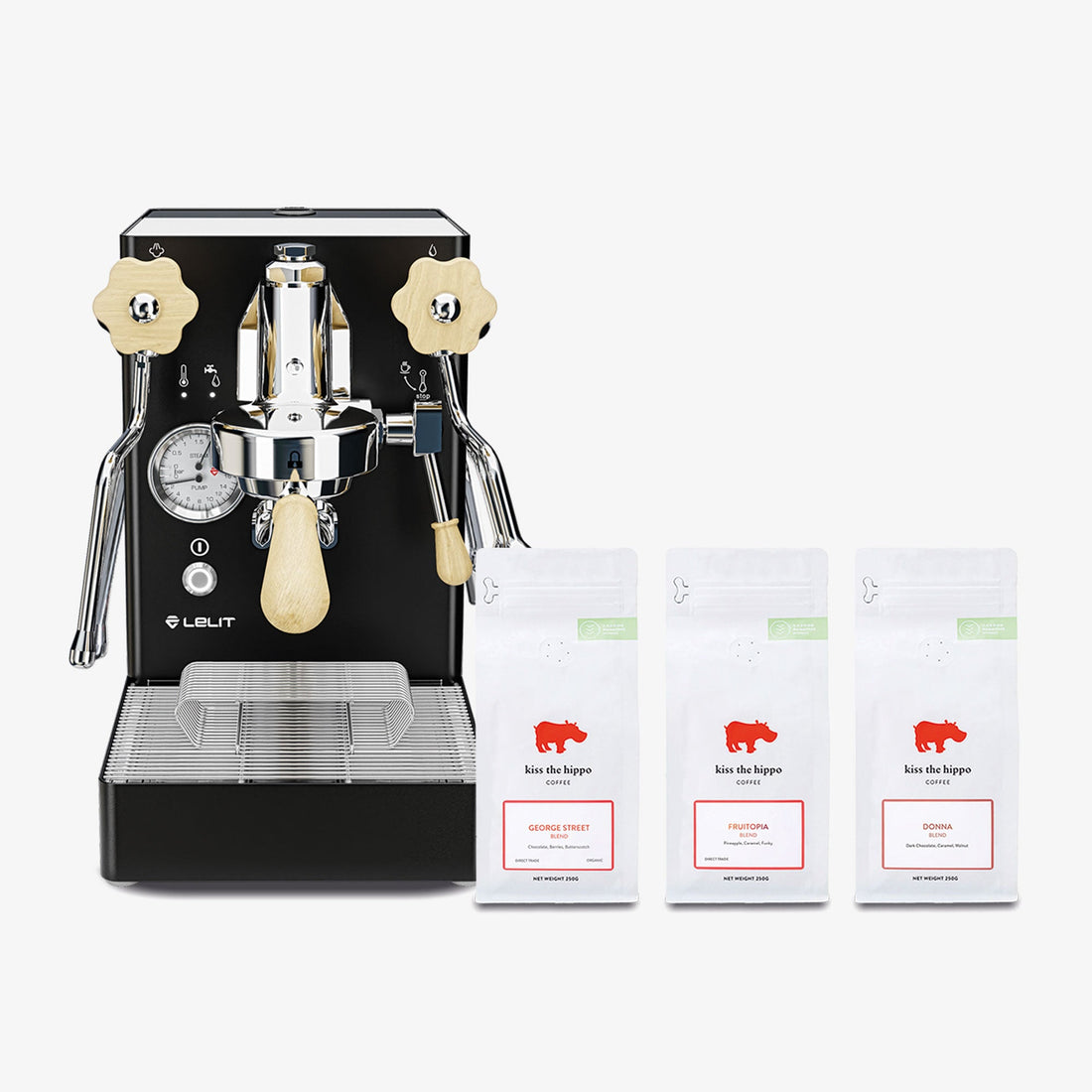 Lelit MaraX Heat Exchanger Espresso Machine in Black with Kiss the Hippo specialty espresso coffee gift