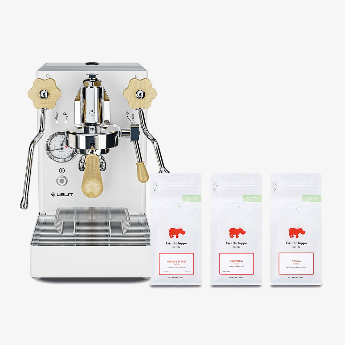 Lelit MaraX Heat Exchanger Espresso Machine in White with Kiss the Hippo specialty espresso coffee gift