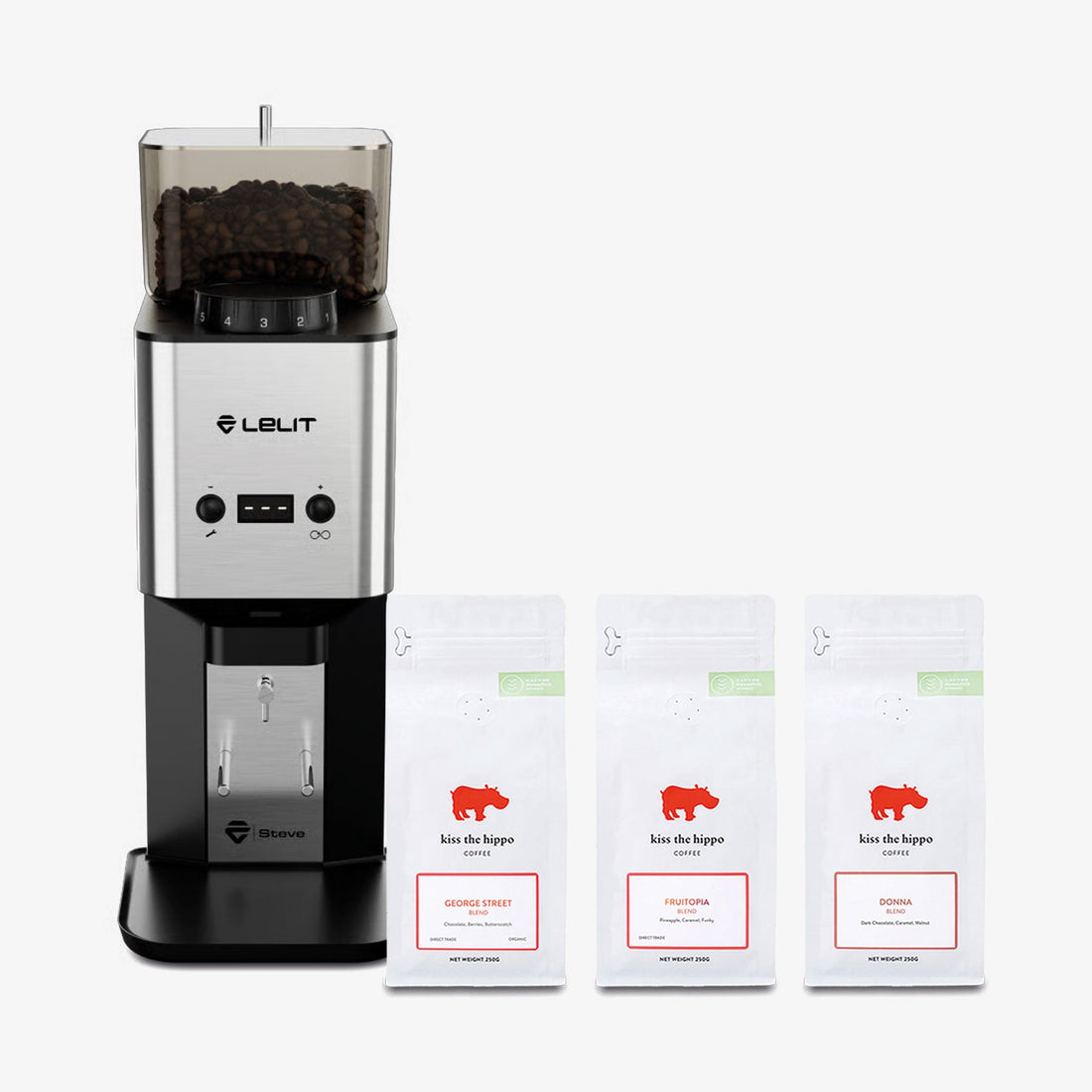 Lelit Steve Coffee Grinder in Brushed Stainless Steel with Kiss the Hippo specialty espresso coffee gift