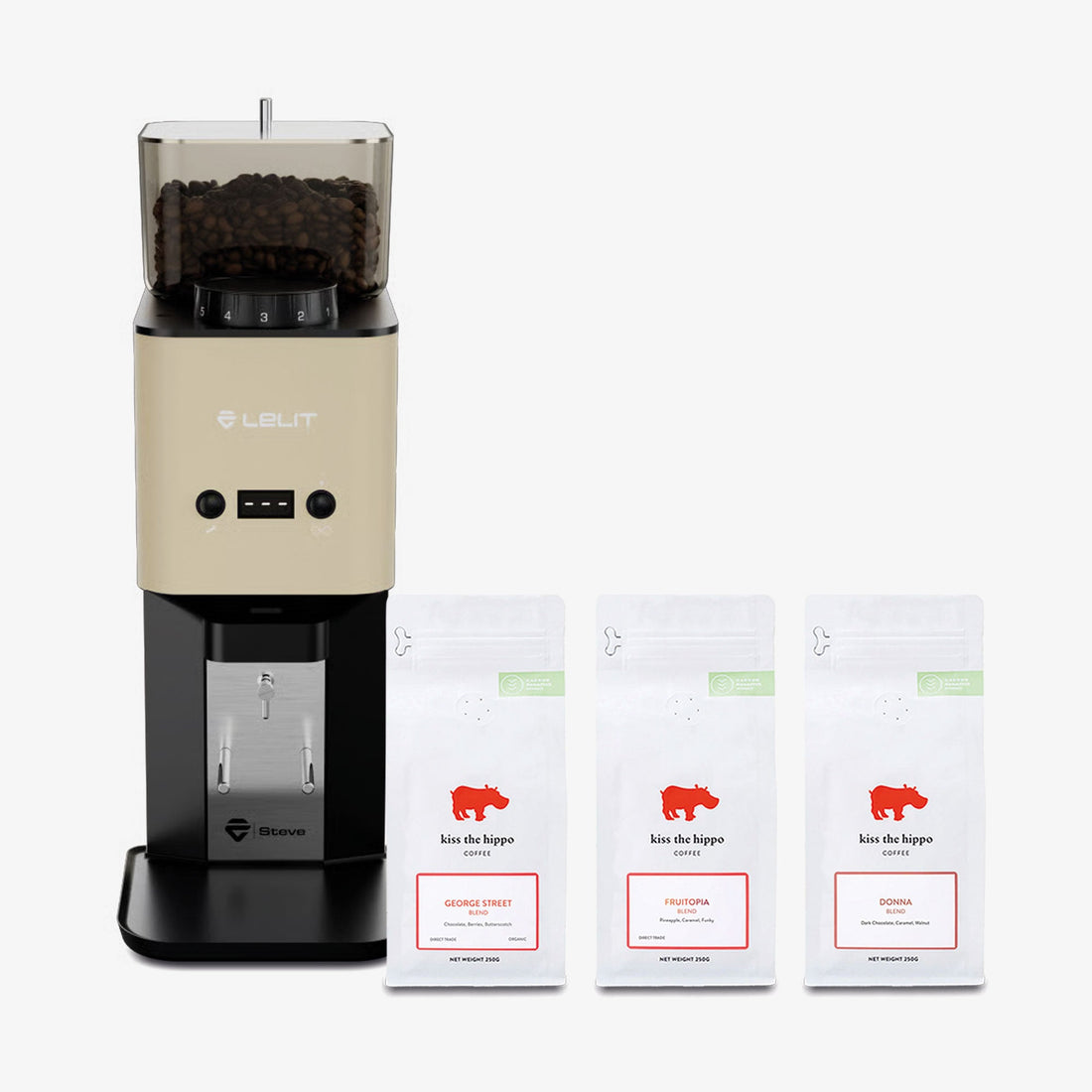 Lelit Steve Coffee Grinder in Gold with Kiss the Hippo specialty espresso coffee gift