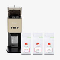 Lelit Steve Coffee Grinder in Gold with Kiss the Hippo specialty espresso coffee gift