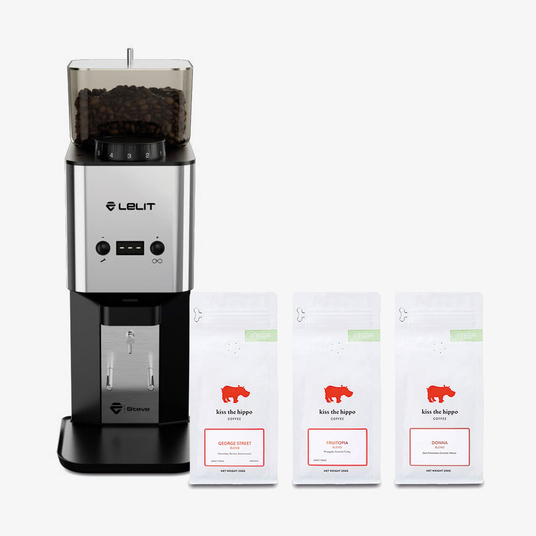 Lelit Steve Coffee Grinder in Polished Stainless Steel with Kiss the Hippo specialty espresso coffee gift
