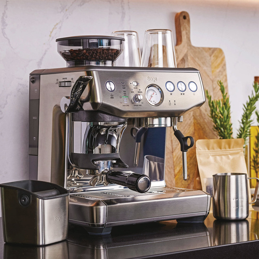 Sage Barista Express Impress Espresso Machine in kitchen lifestyle setting