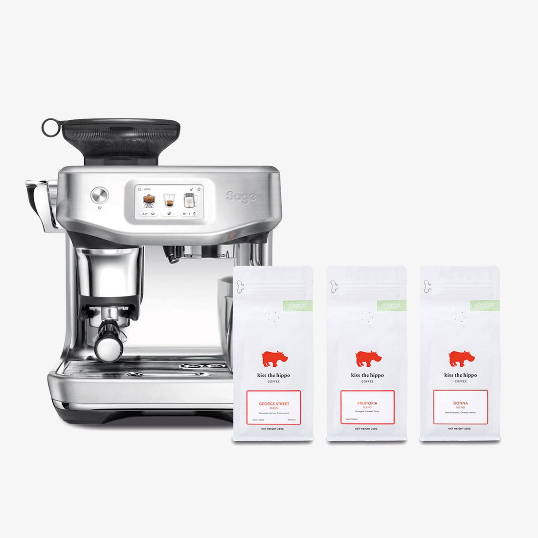 Sage Barista Touch Impress Espresso Machine in Brushed Stainless Steel with Kiss the Hippo specialty espresso coffee gift