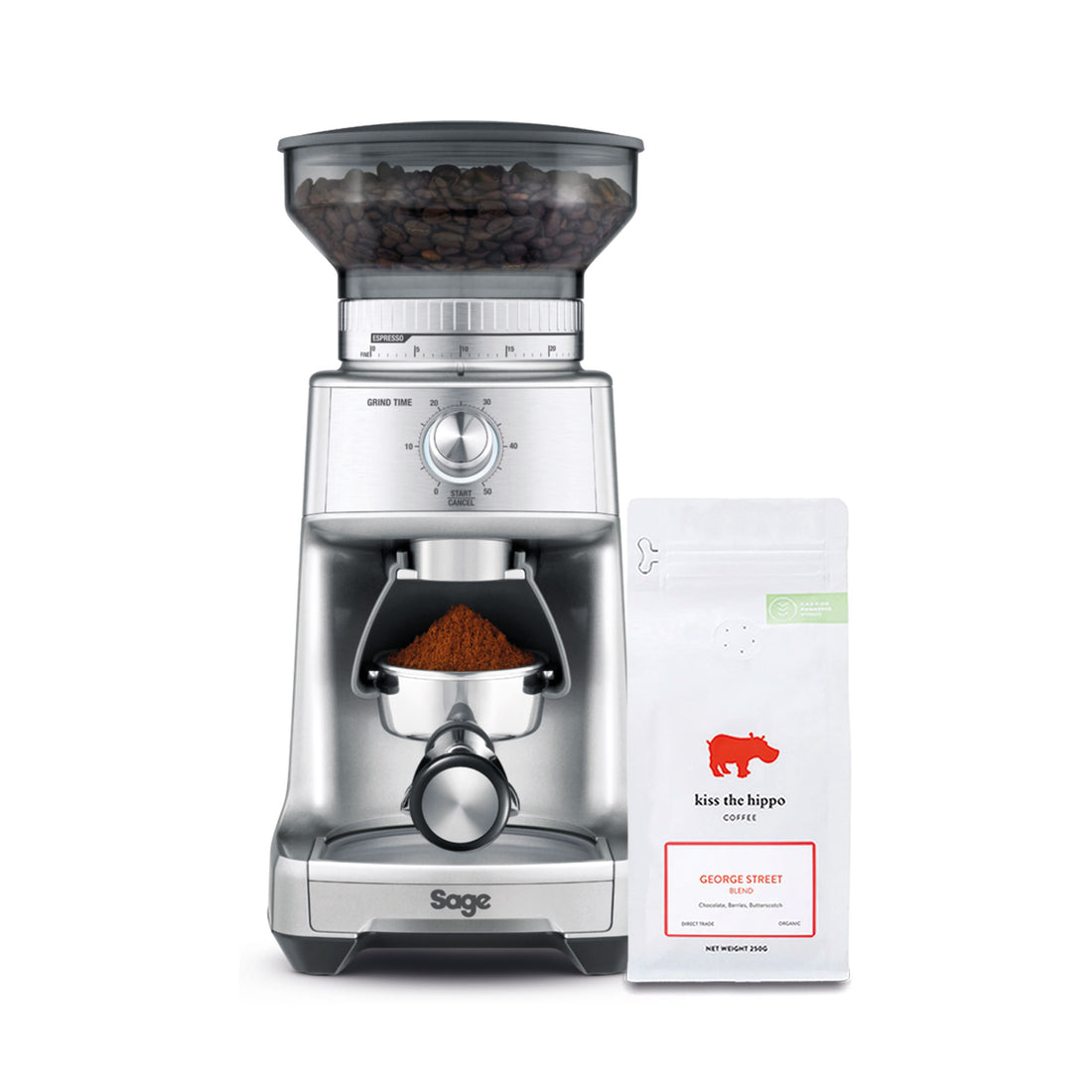 Sage Dose Control Pro Coffee Grinder in Silver with Kiss the Hippo specialty espresso coffee gift