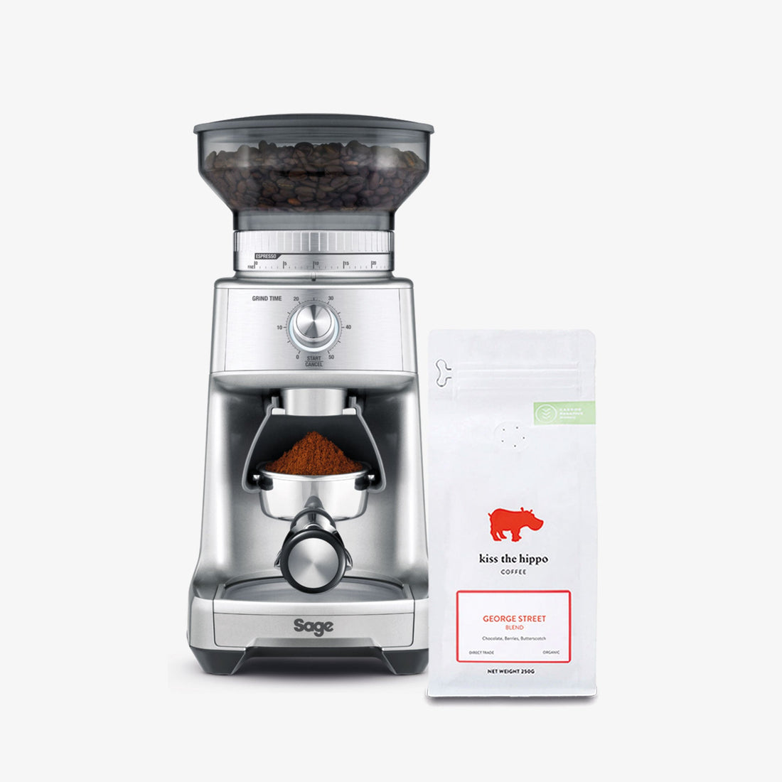 Sage Dose Control Pro Coffee Grinder in Silver with Kiss the Hippo specialty espresso coffee gift