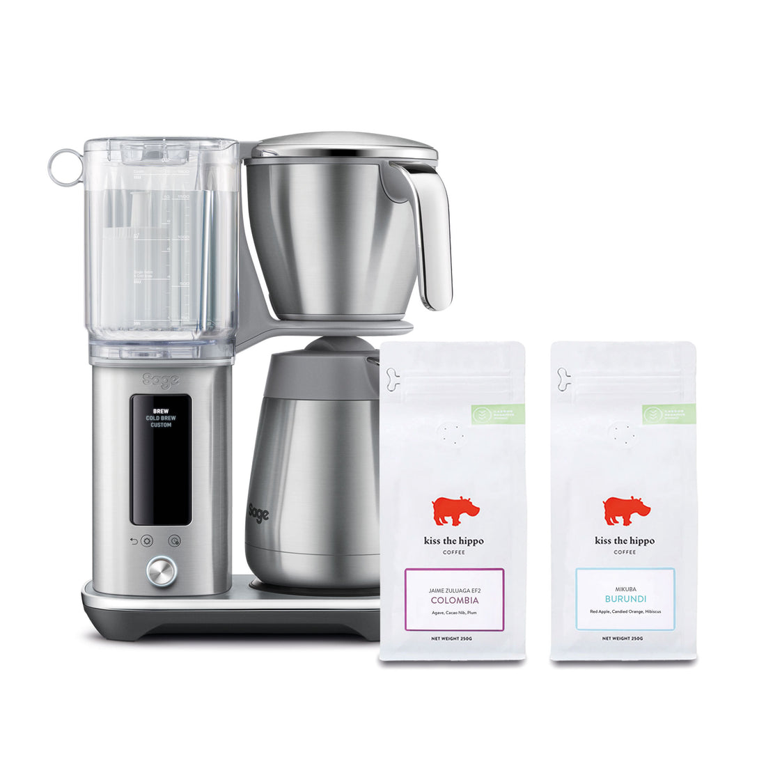 Sage Luxe Brewer Thermal Coffee Machine in Brushed Stainless Steel with Kiss the Hippo specialty filter coffee gift