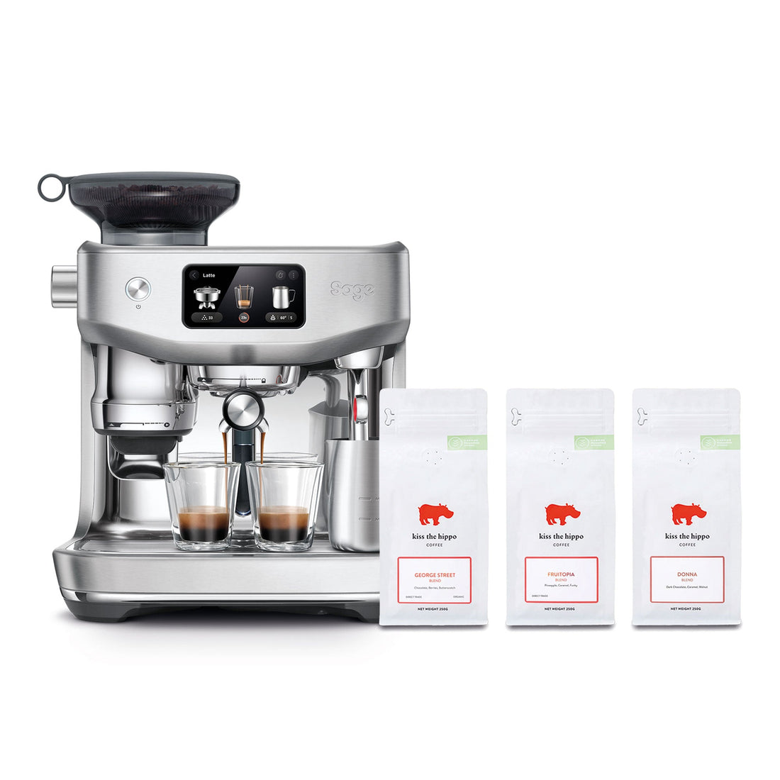 Sage Oracle Jet Espresso Machine in Brushed Stainless Steel with Kiss the Hippo specialty espresso coffee gift