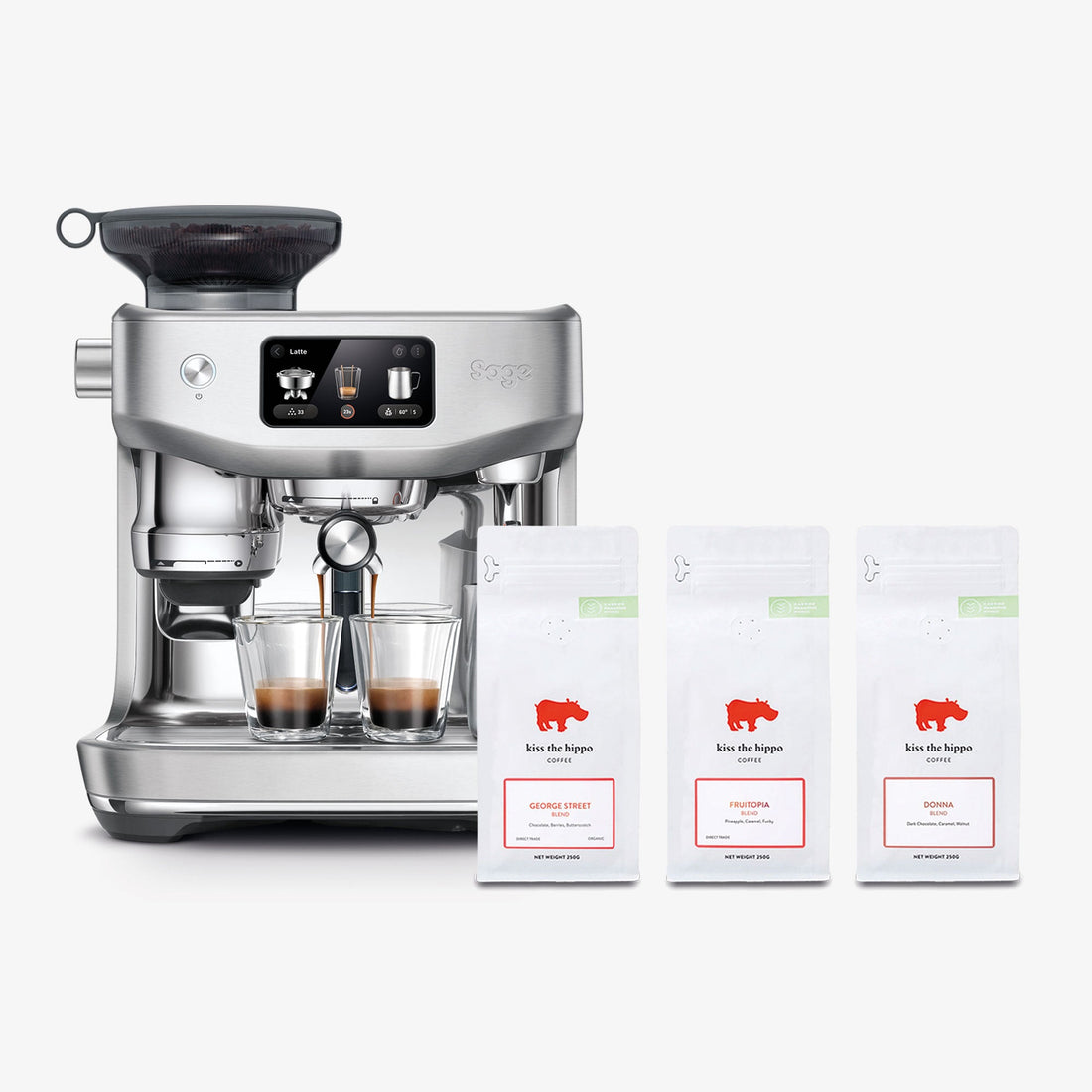 Sage Oracle Jet Espresso Machine in Brushed Stainless Steel with Kiss the Hippo specialty espresso coffee gift