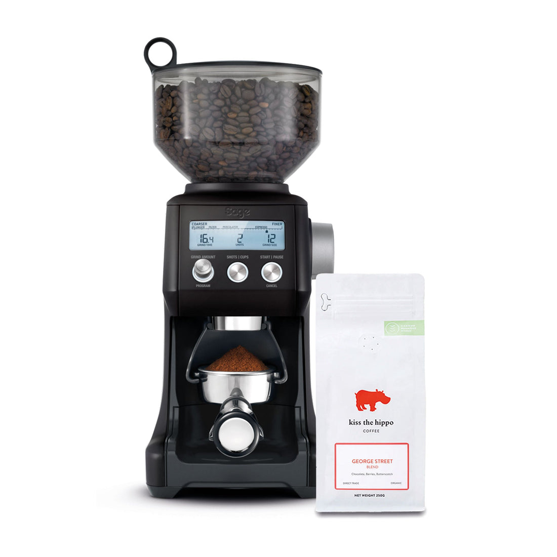 Sage Smart Grinder Pro Coffee Grinder in Black Truffle with Kiss the Hippo specialty espresso coffee gift
