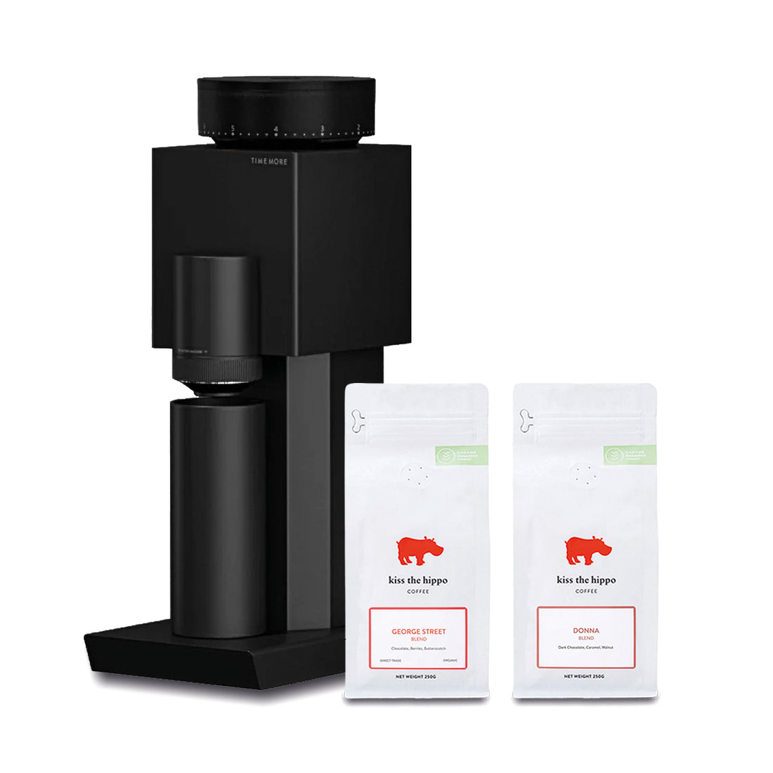 Timemore Bricks 01S Electric Coffee Grinder in Black with Kiss the Hippo specialty espresso coffee gift