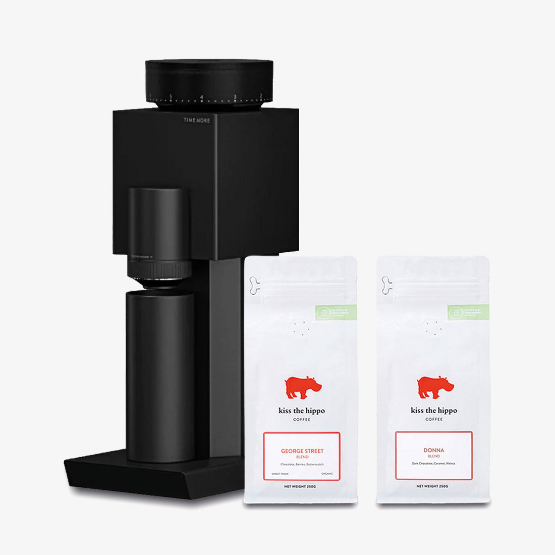 Timemore Bricks 01S Electric Coffee Grinder in Black with Kiss the Hippo specialty espresso coffee gift