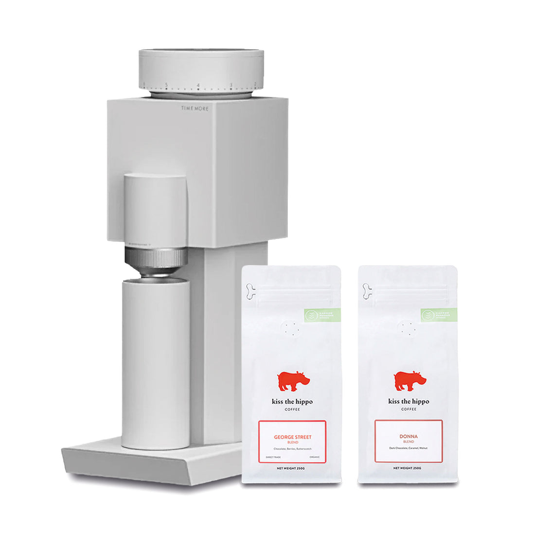 Timemore Bricks 01S Electric Coffee Grinder in White with Kiss the Hippo specialty espresso coffee gift
