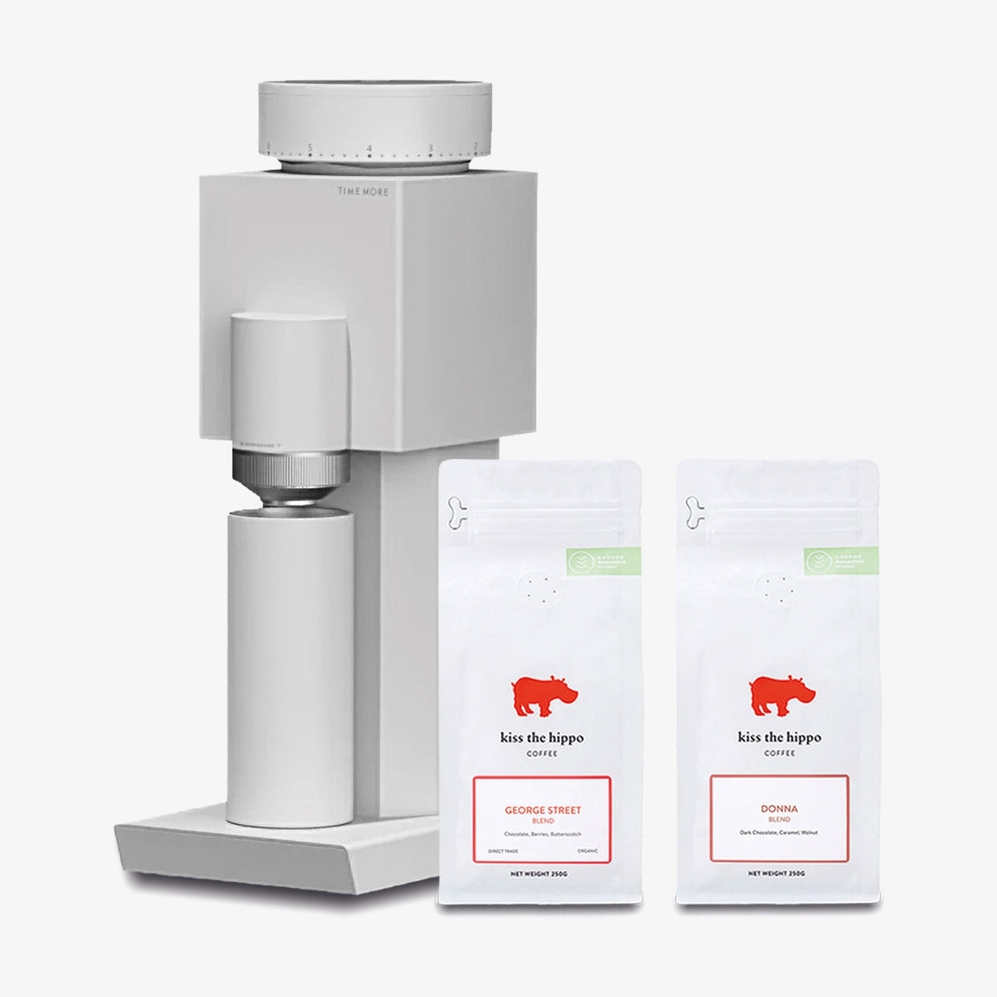 Timemore Bricks 01S Electric Coffee Grinder in White with Kiss the Hippo specialty espresso coffee gift