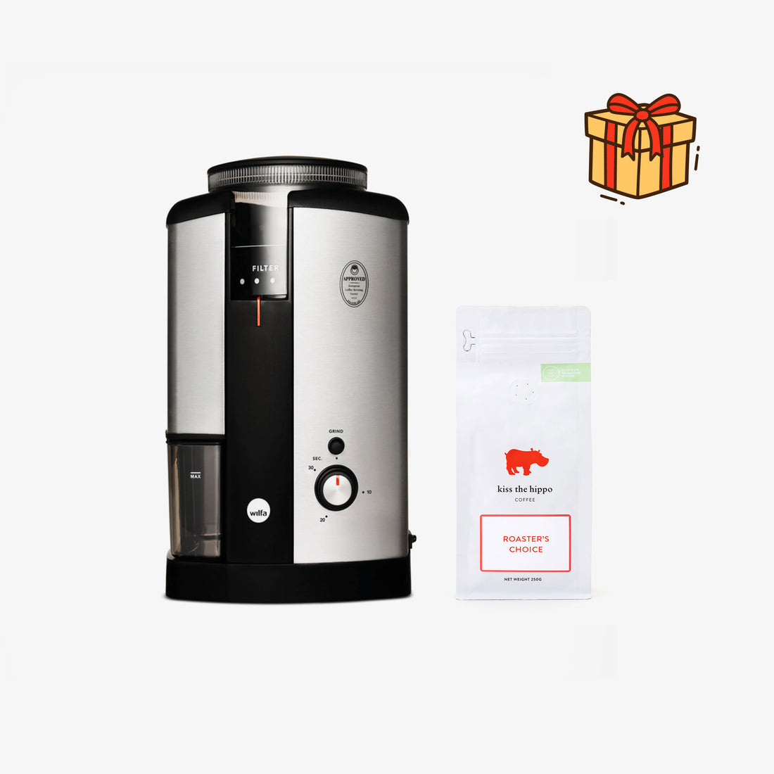 Wilfa Silver Coffee Grinder with 250g roaster's choice coffee gift
